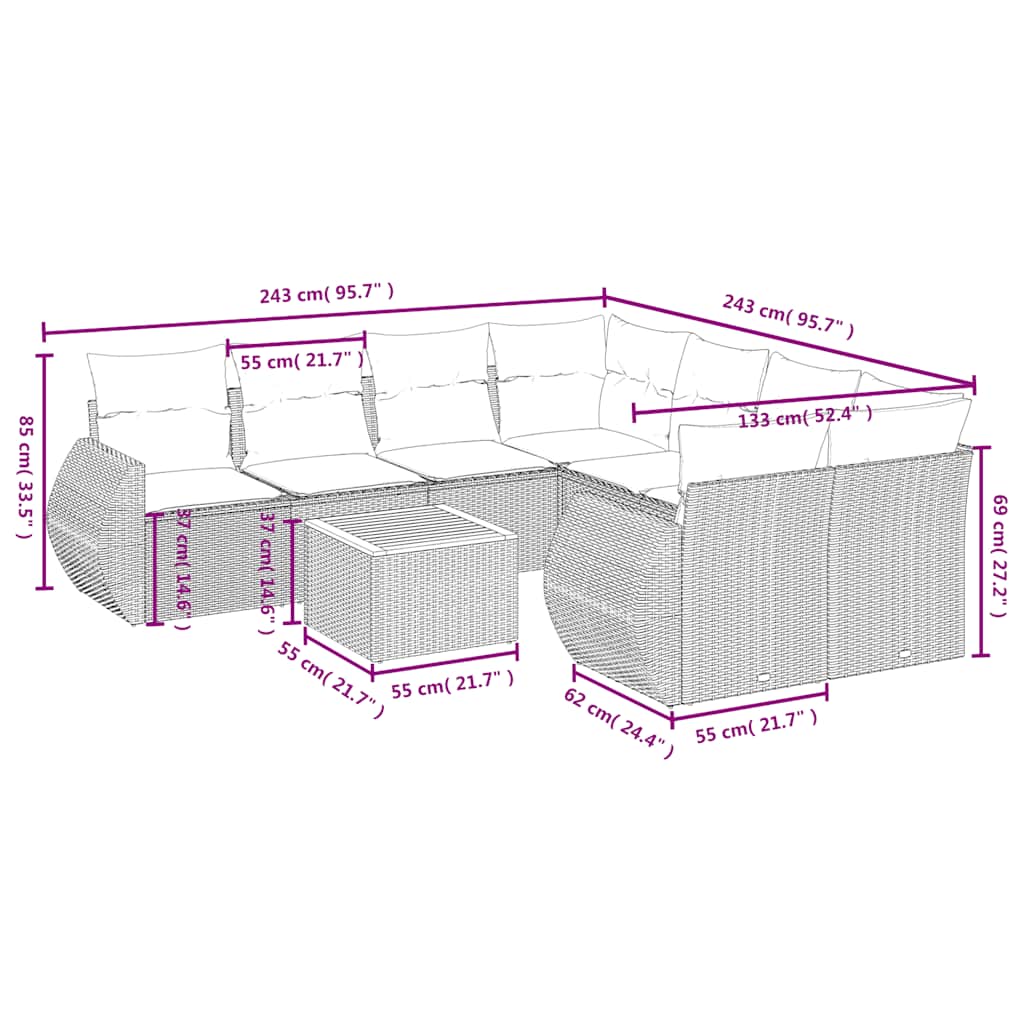 vidaXL 9-delige tuinbankset met kussens van zwart polyrotan