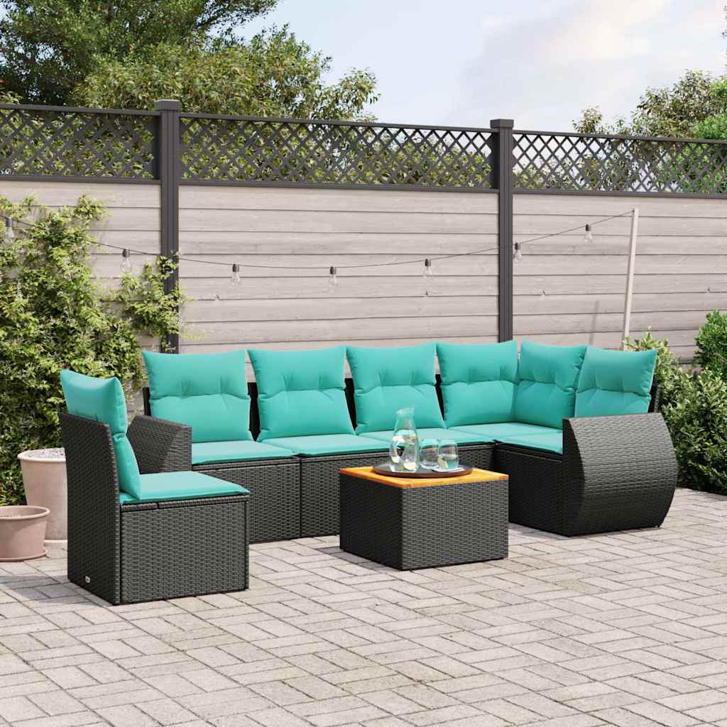 vidaXL 7-delige tuinbankset met kussens van zwart polyrotan