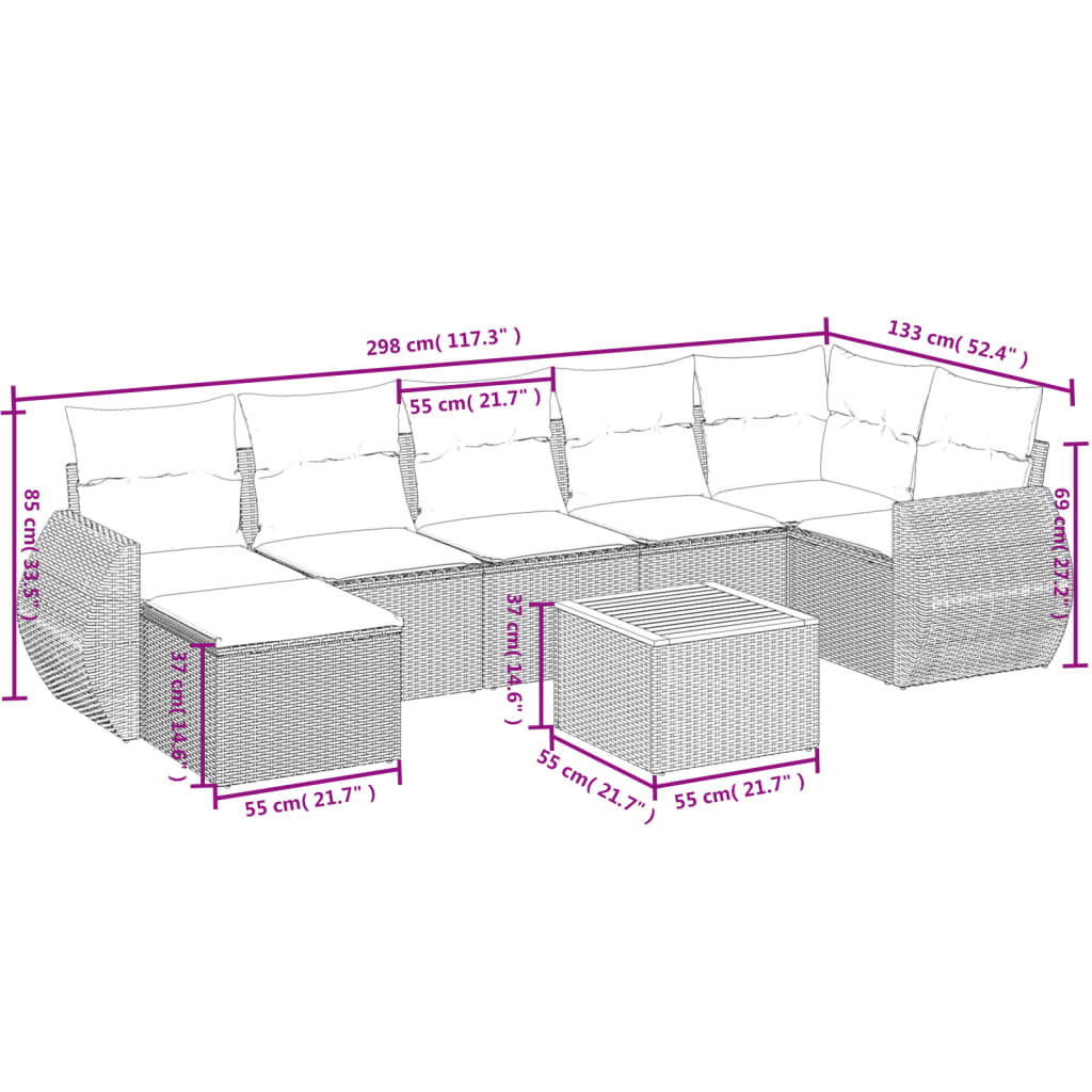vidaXL 8-delige tuinbankset met kussens, zwart polyrotan
