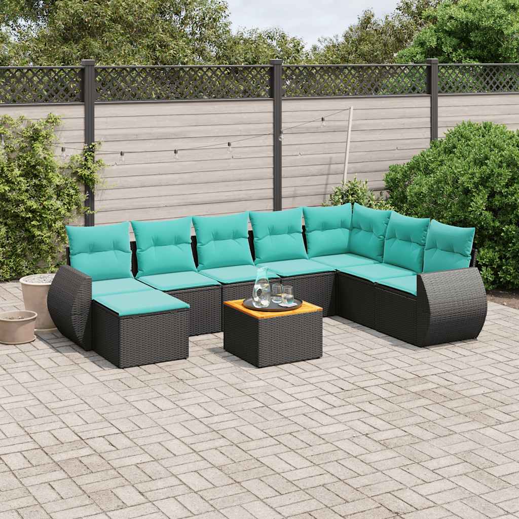 vidaXL 9-delige tuinbankset met kussens van zwart polyrotan
