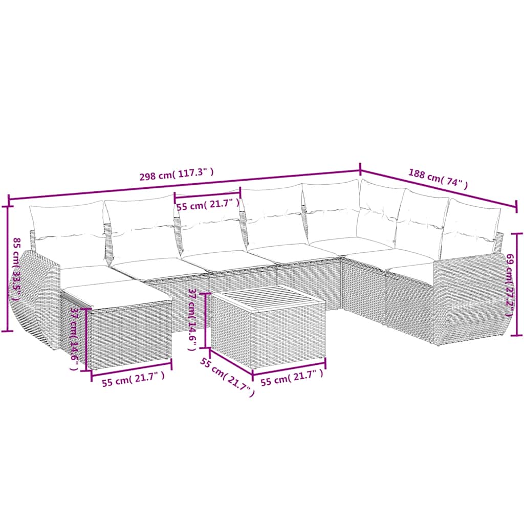 vidaXL 9-delige tuinbankset met kussens van zwart polyrotan