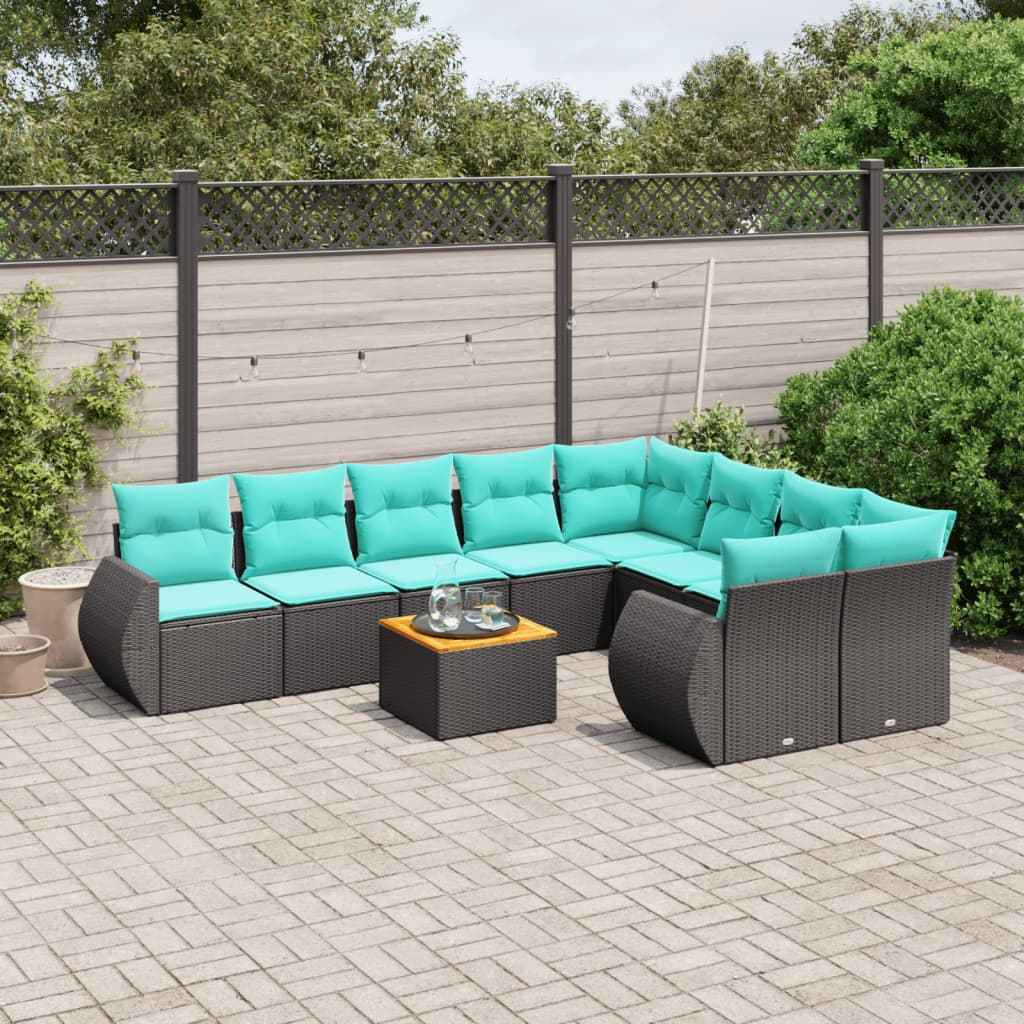 vidaXL 10-delige tuinbankset met kussens van zwart polyrotan