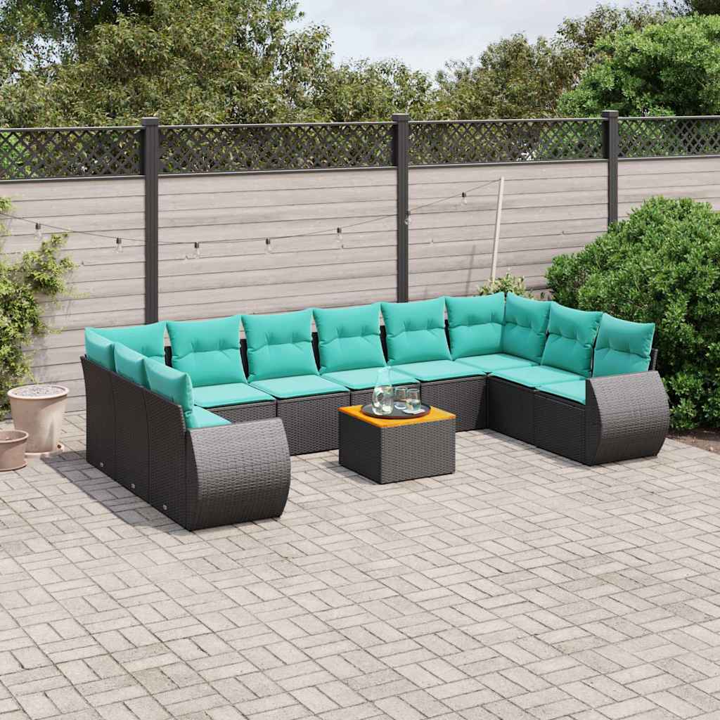 vidaXL 11-delige tuinbankset met kussens, zwart polyrotan