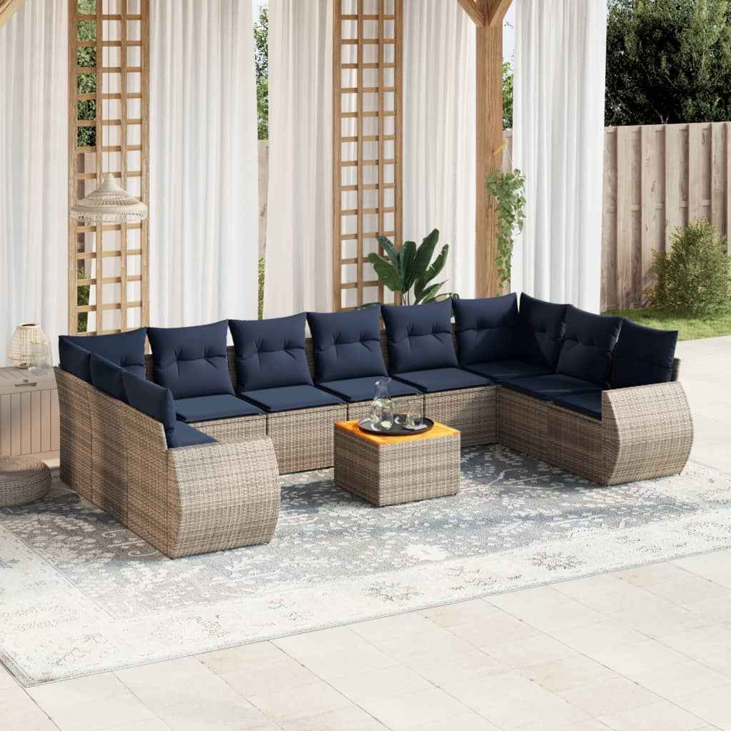 vidaXL 11-delige tuinbankset met kussens, zwart polyrotan