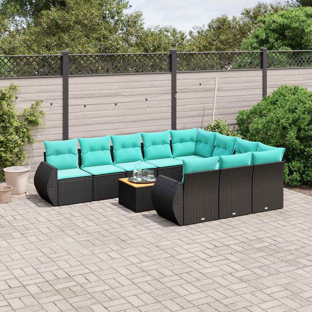 vidaXL 11-delige tuinbankset met kussens, zwart polyrotan