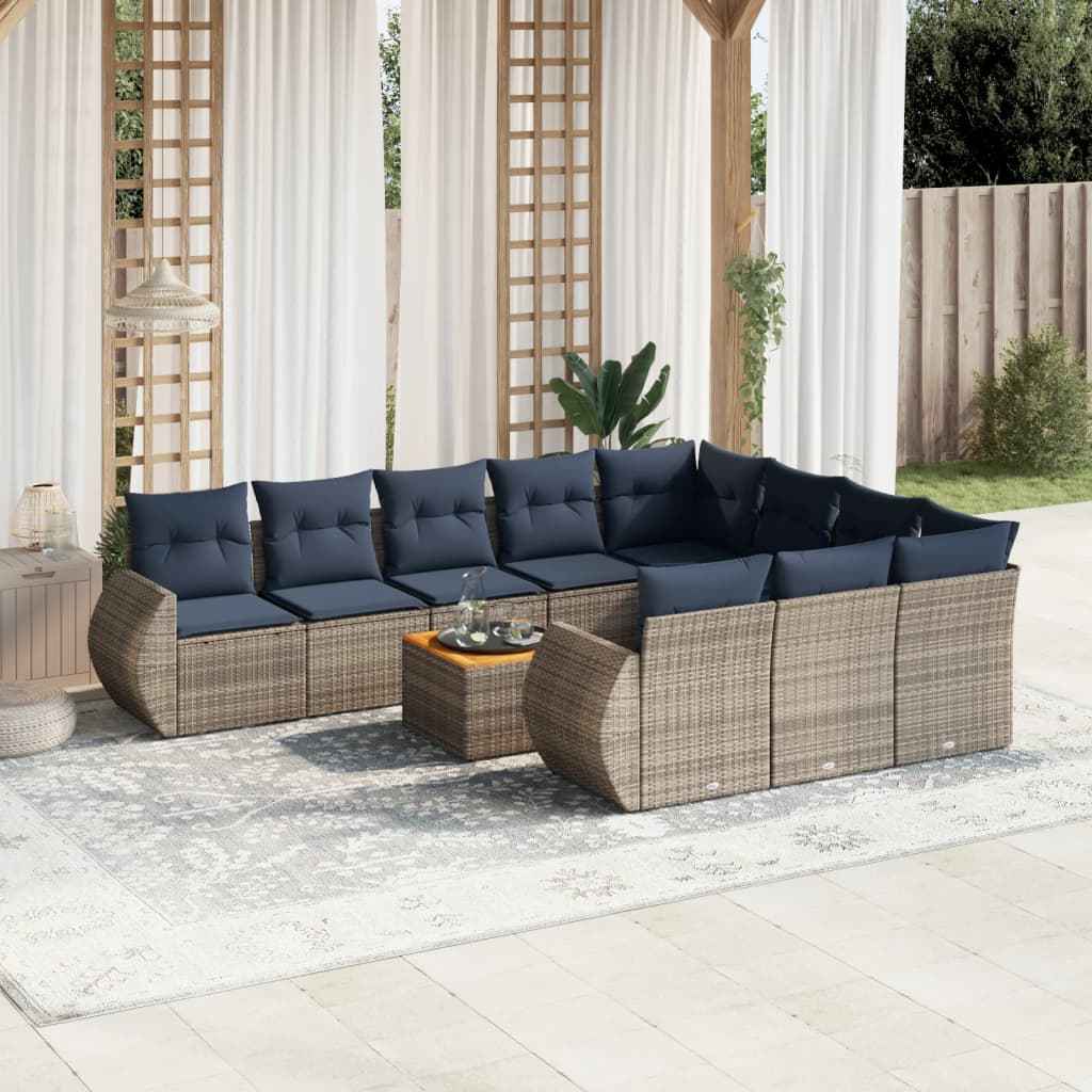 vidaXL 11-delige tuinbankset met kussens, zwart polyrotan