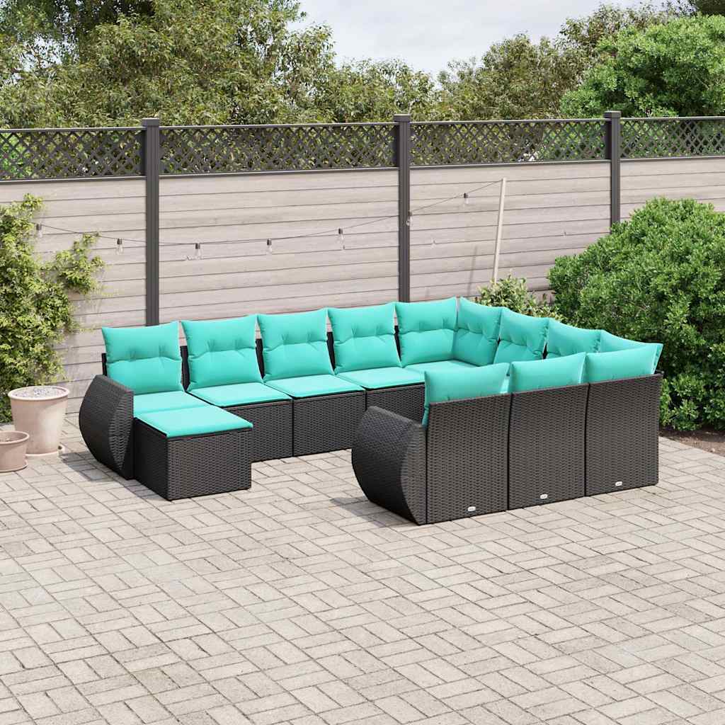 vidaXL 11-delige tuinbankset met kussens, zwart polyrotan
