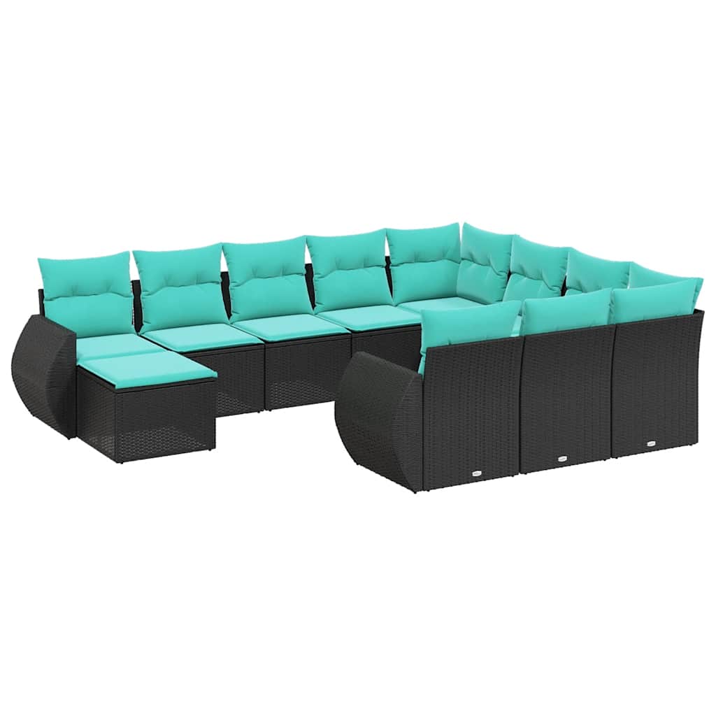 vidaXL 11-delige tuinbankset met kussens, zwart polyrotan