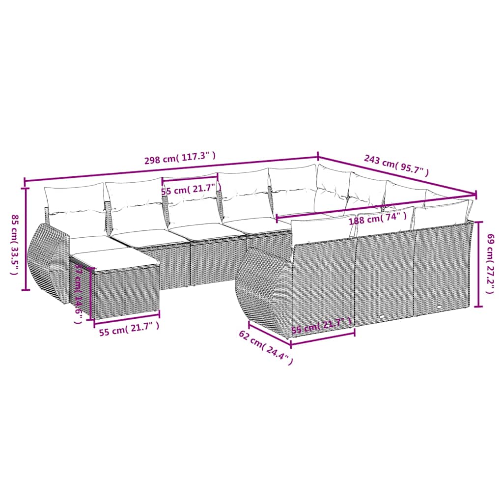 vidaXL 11-delige tuinbankset met kussens, zwart polyrotan