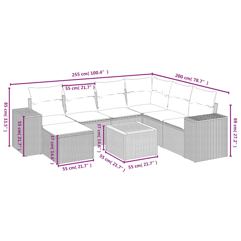 vidaXL 8-delige tuinbankset met kussens, zwart polyrotan