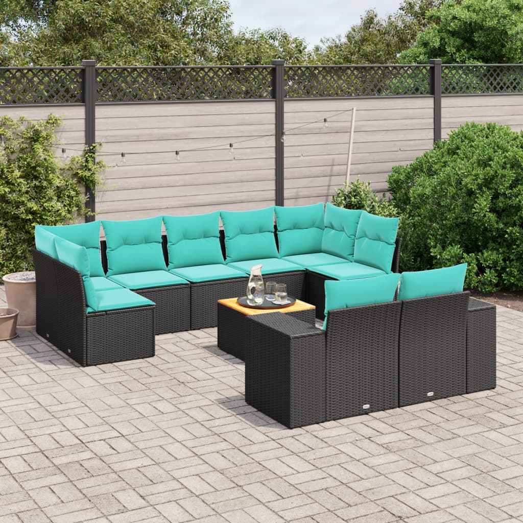 vidaXL 10-delige tuinbankset met kussens van zwart polyrotan