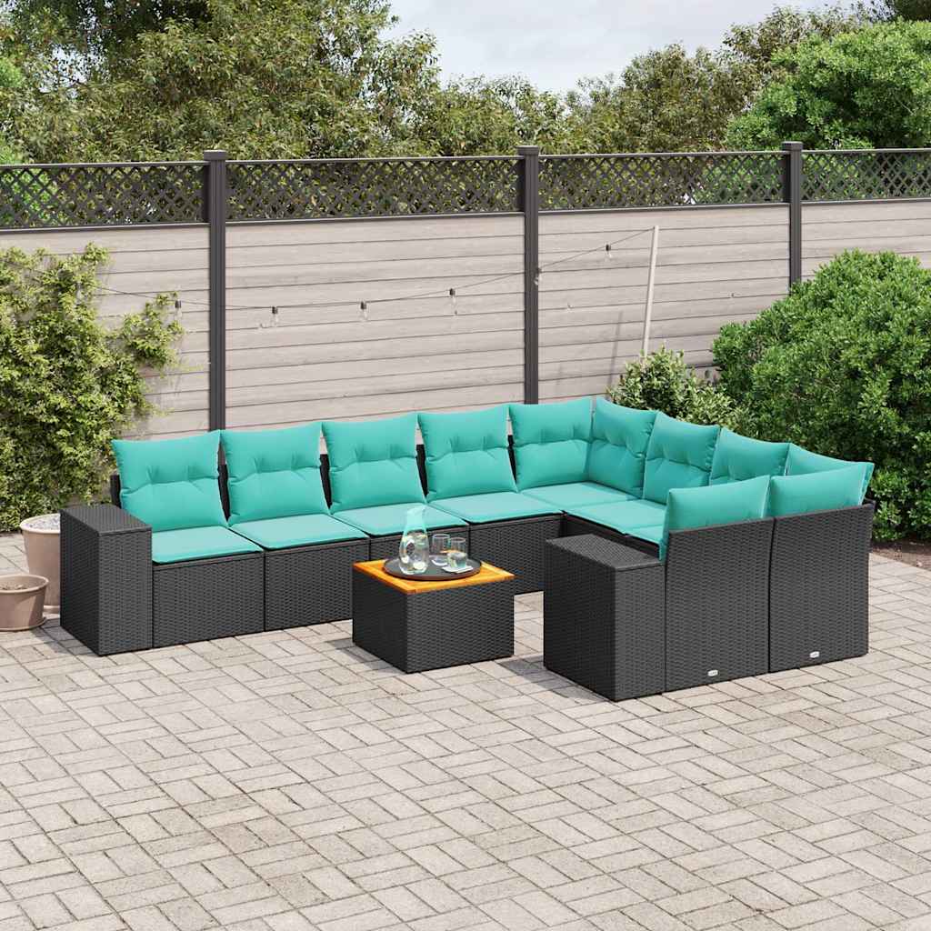 vidaXL 10-delige tuinbankset met kussens van zwart polyrotan
