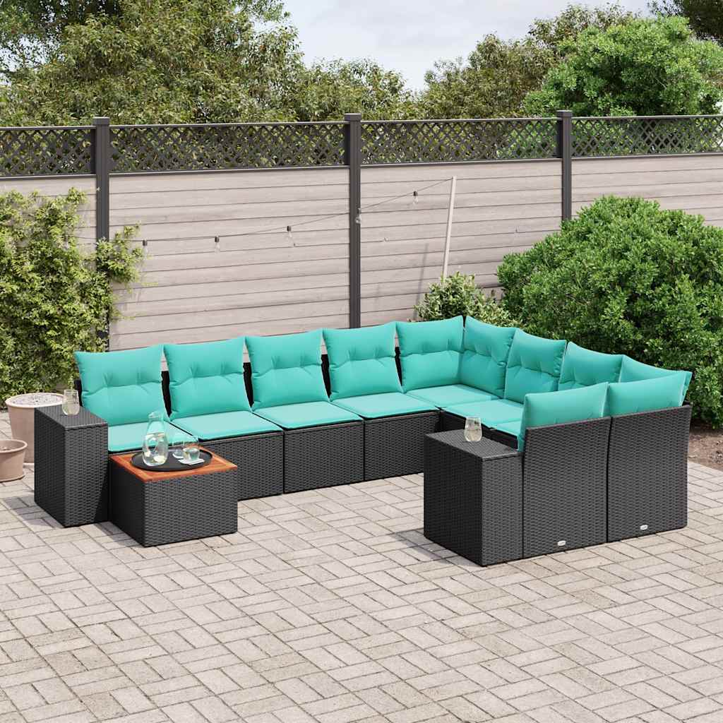 vidaXL 10-delige tuinbankset met kussens van zwart polyrotan