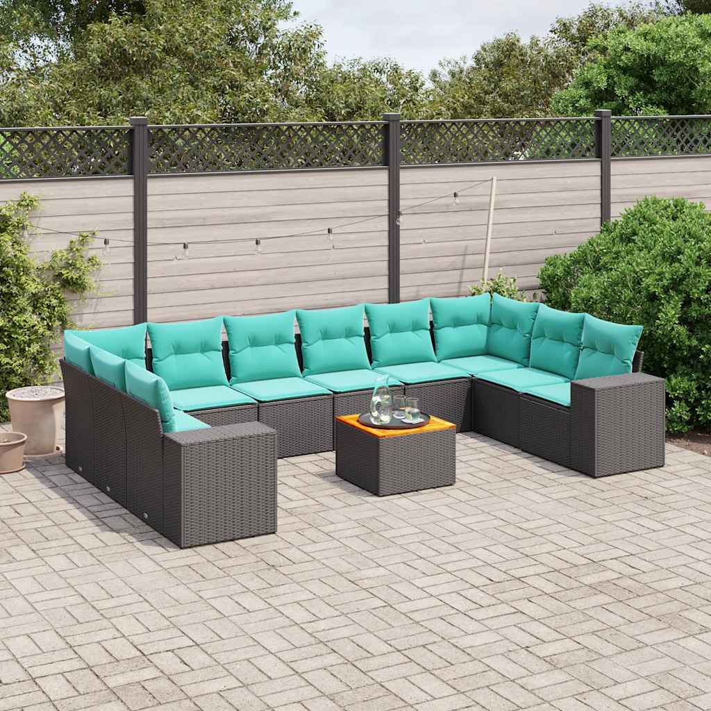 vidaXL 11-delige tuinbankset met kussens, zwart polyrotan
