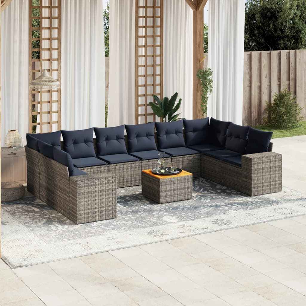 vidaXL 11-delige tuinbankset met kussens, zwart polyrotan