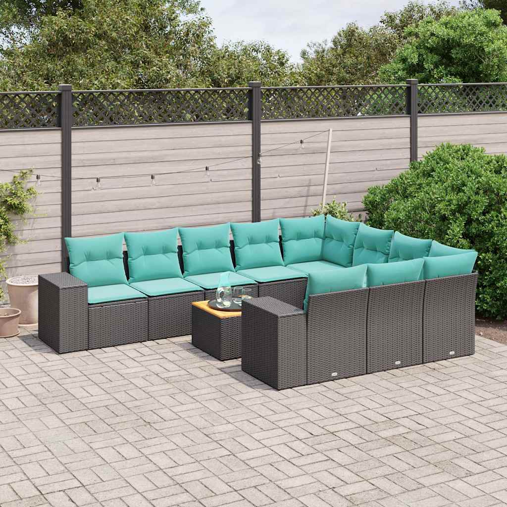 vidaXL 11-delige tuinbankset met kussens, zwart polyrotan