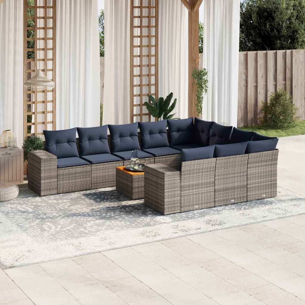 vidaXL 11-delige tuinbankset met kussens, zwart polyrotan