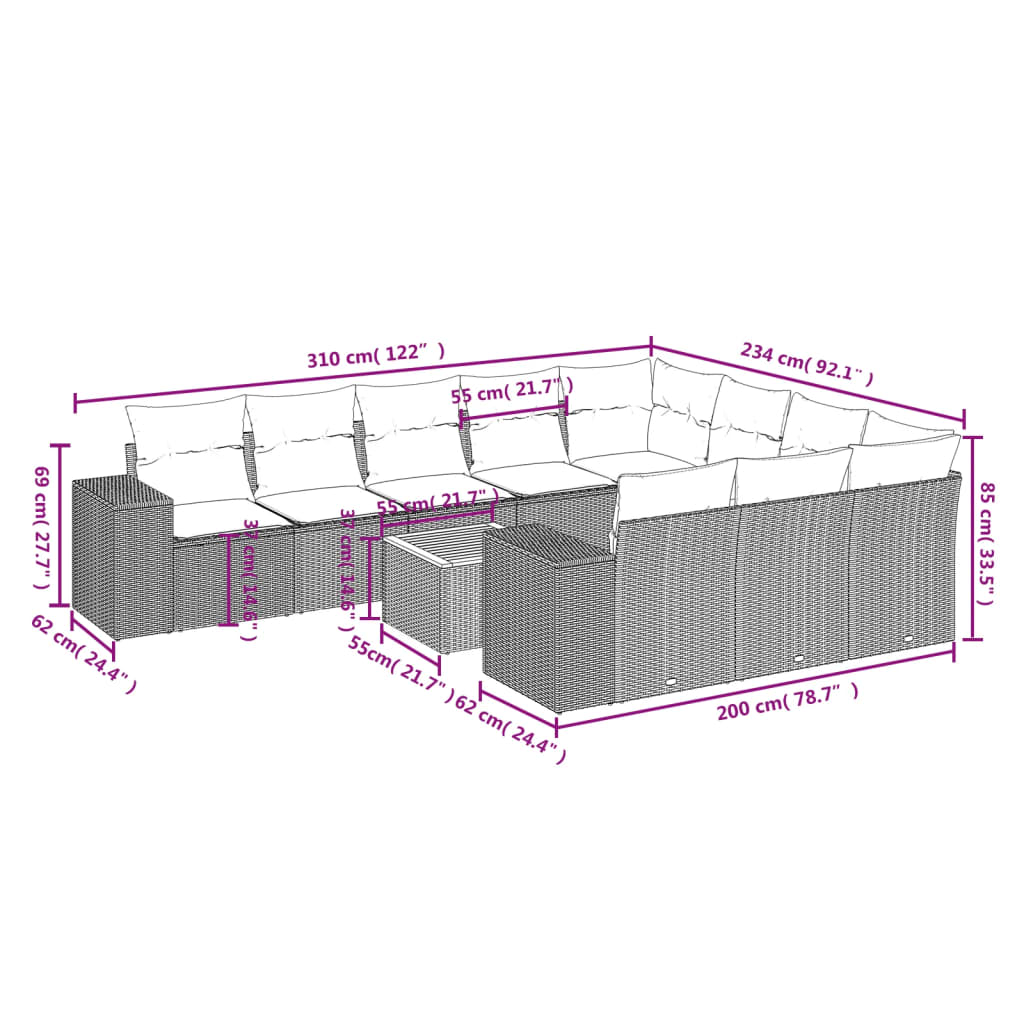 vidaXL 11-delige tuinbankset met kussens, zwart polyrotan
