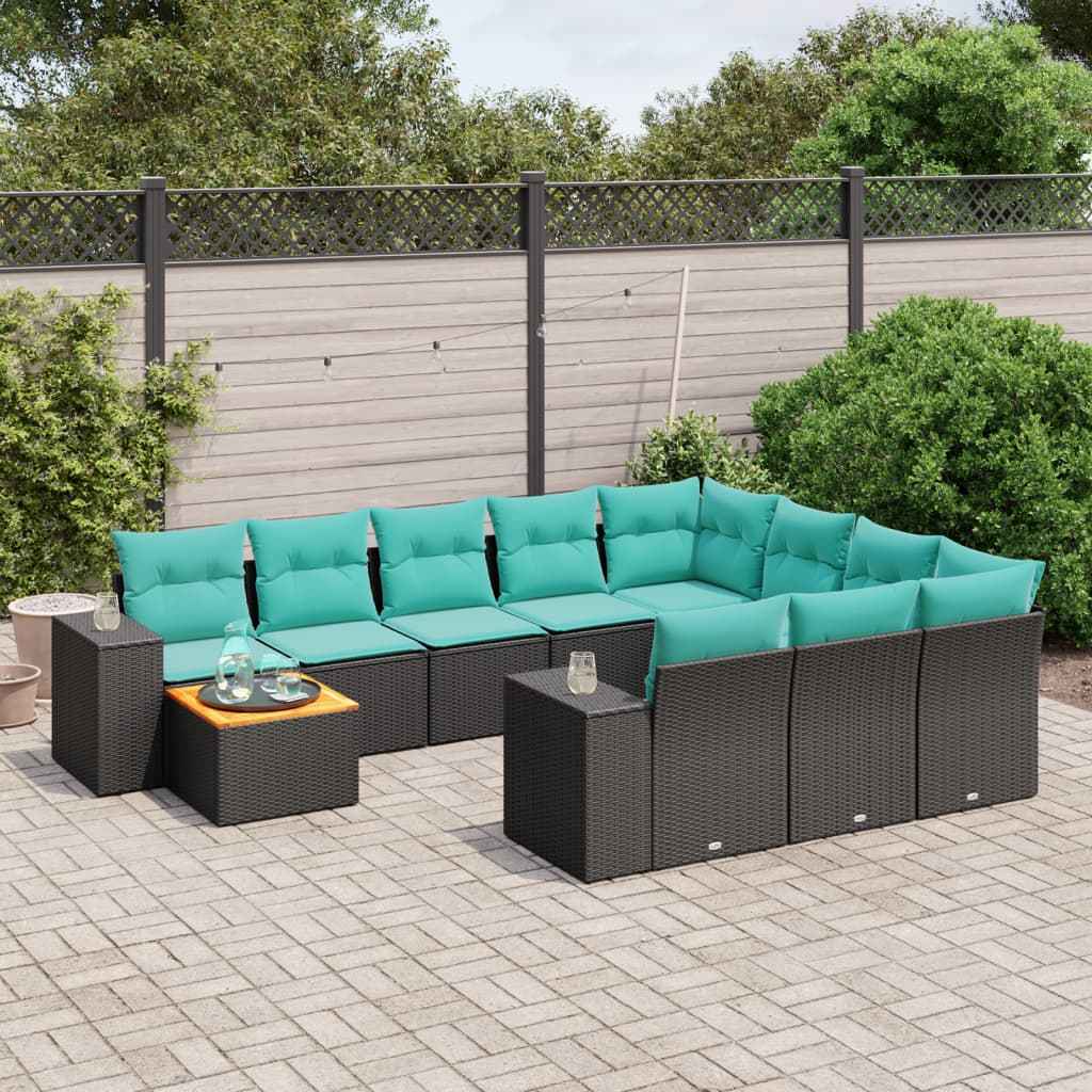 vidaXL 11-delige tuinbankset met kussens, zwart polyrotan
