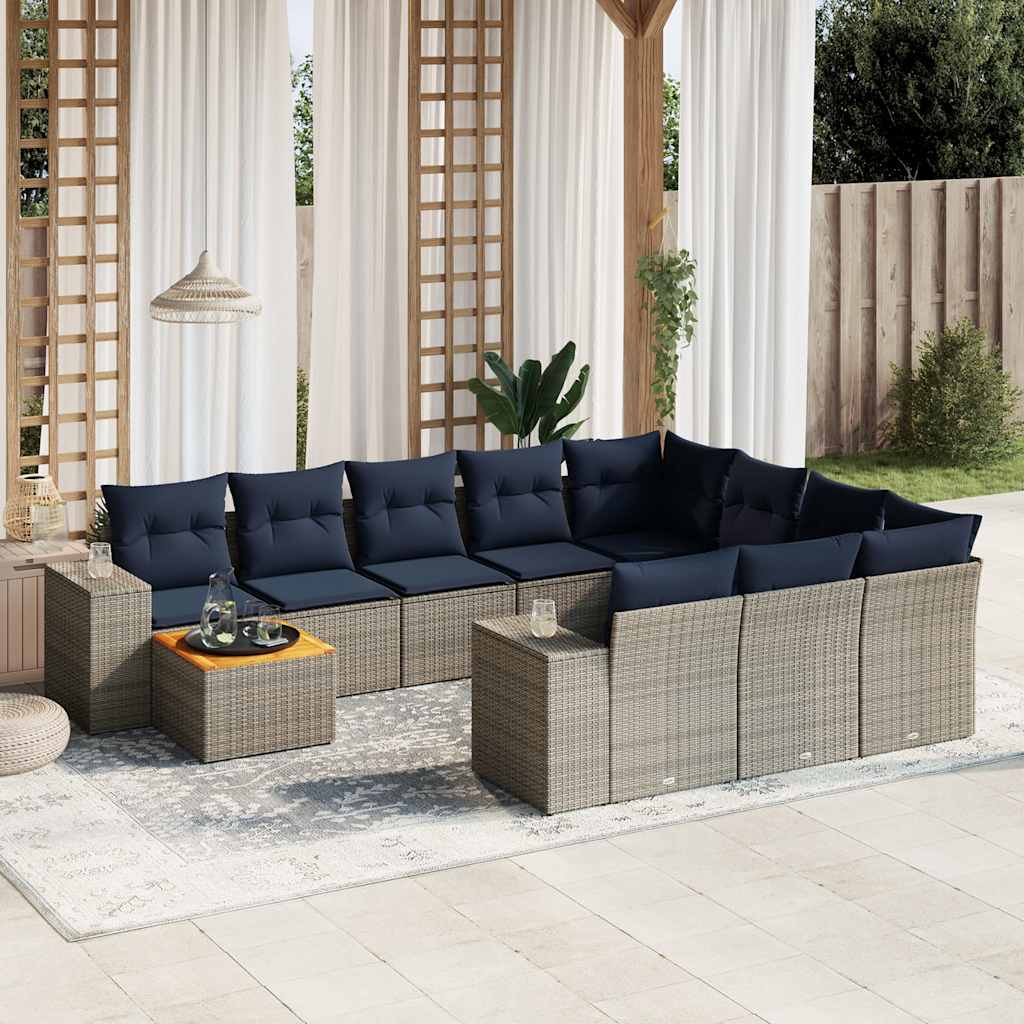 vidaXL 11-delige tuinbankset met kussens, zwart polyrotan
