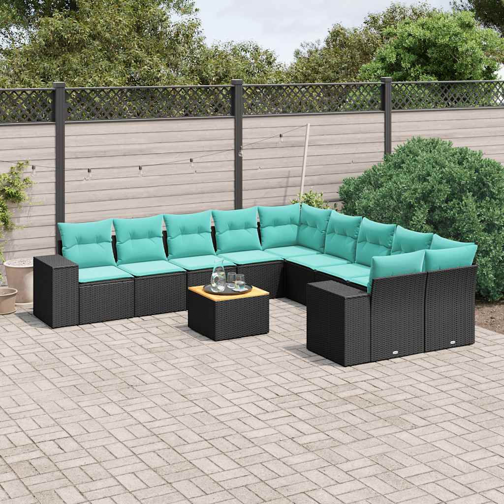vidaXL 11-delige tuinbankset met kussens, zwart polyrotan