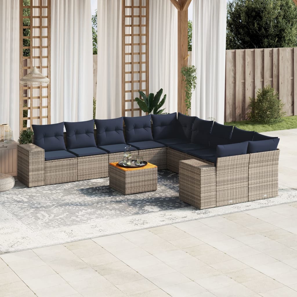 vidaXL 11-delige tuinbankset met kussens, zwart polyrotan