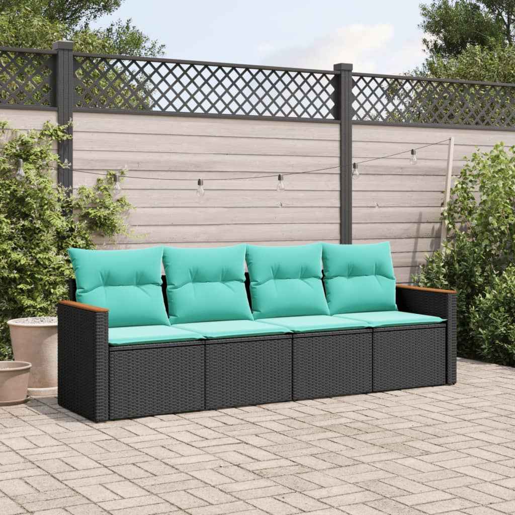 vidaXL 4-delige tuinbankset met kussens, zwart polyrotan