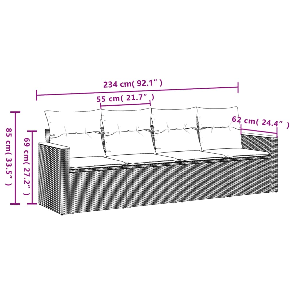 vidaXL 4-delige tuinbankset met kussens, zwart polyrotan