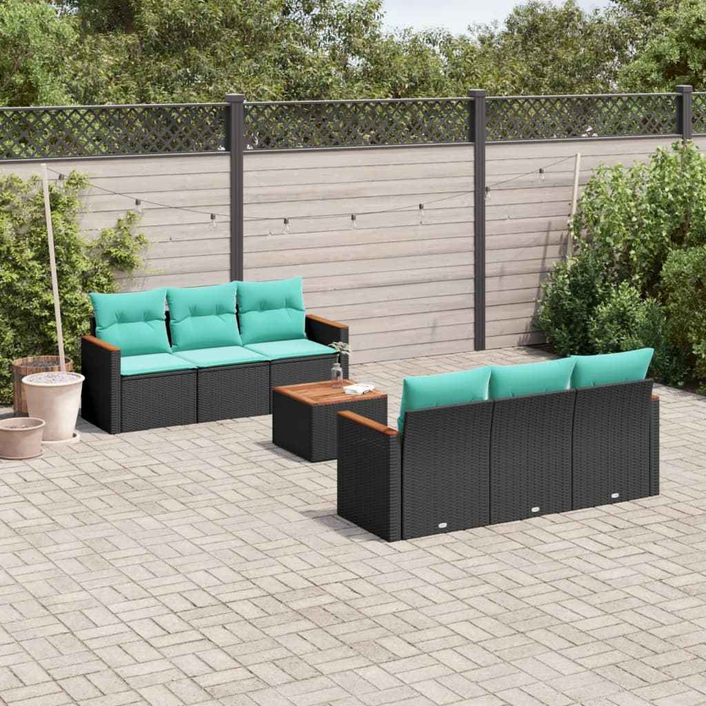 vidaXL 7-delige tuinbankset met kussens van zwart polyrotan