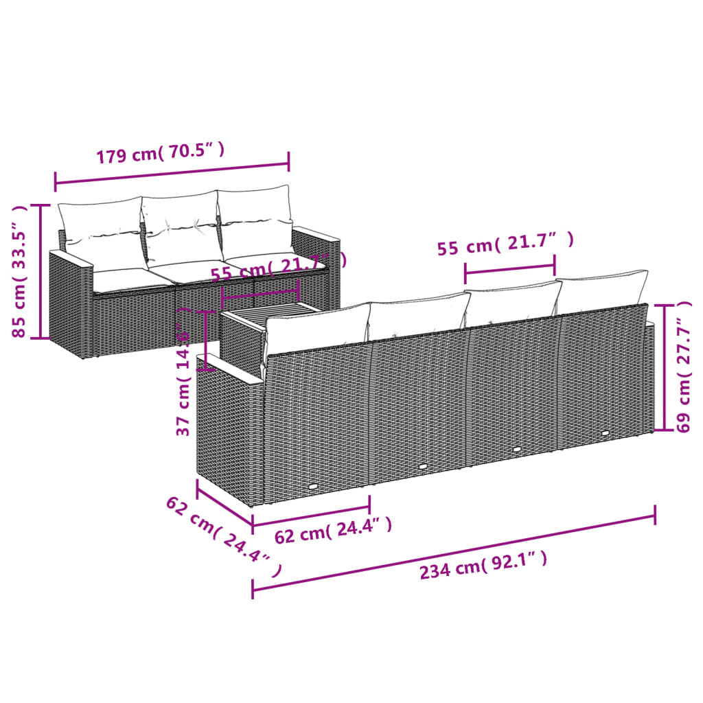 vidaXL 8-delige tuinbankset met kussens, zwart polyrotan