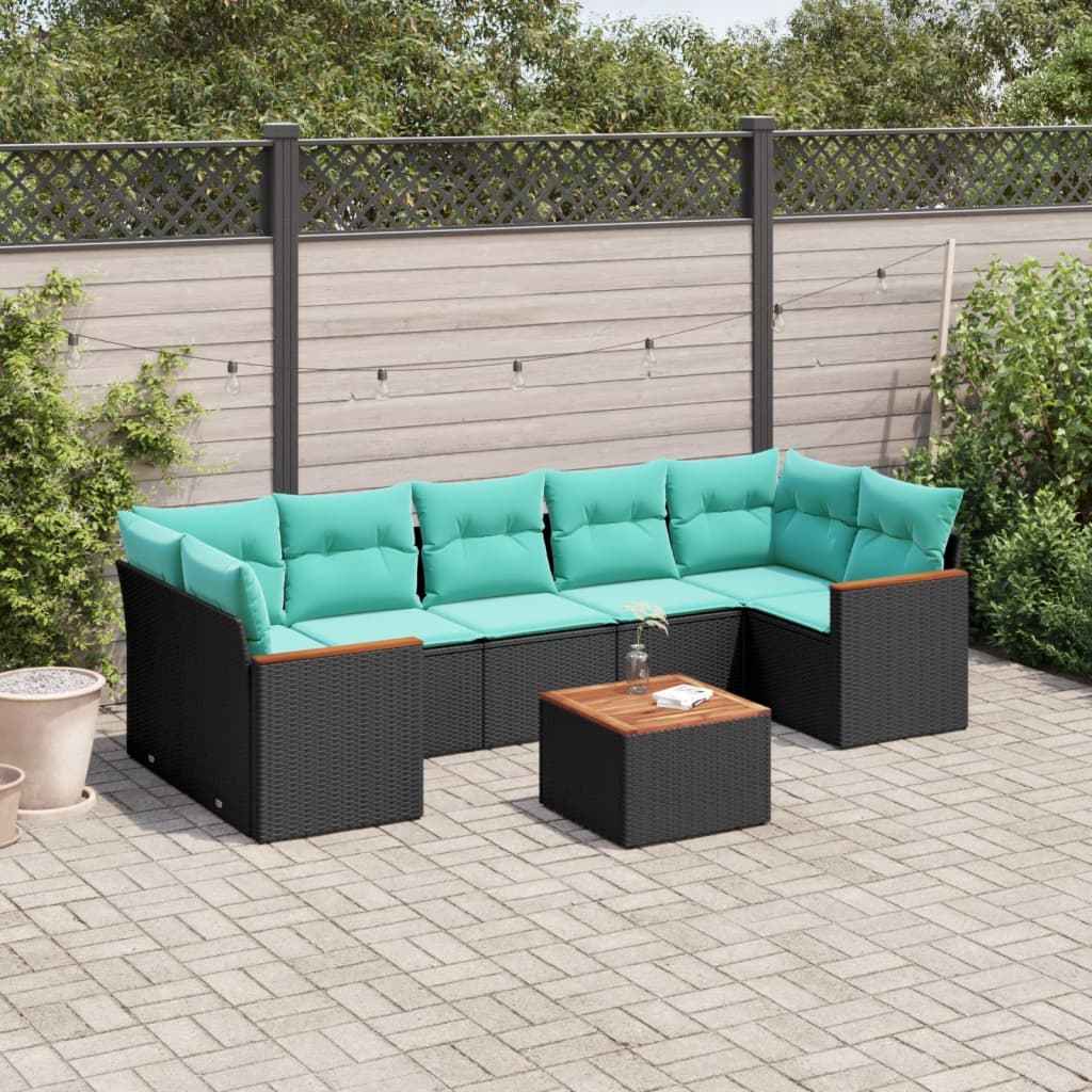 vidaXL 8-delige tuinbankset met kussens, zwart polyrotan