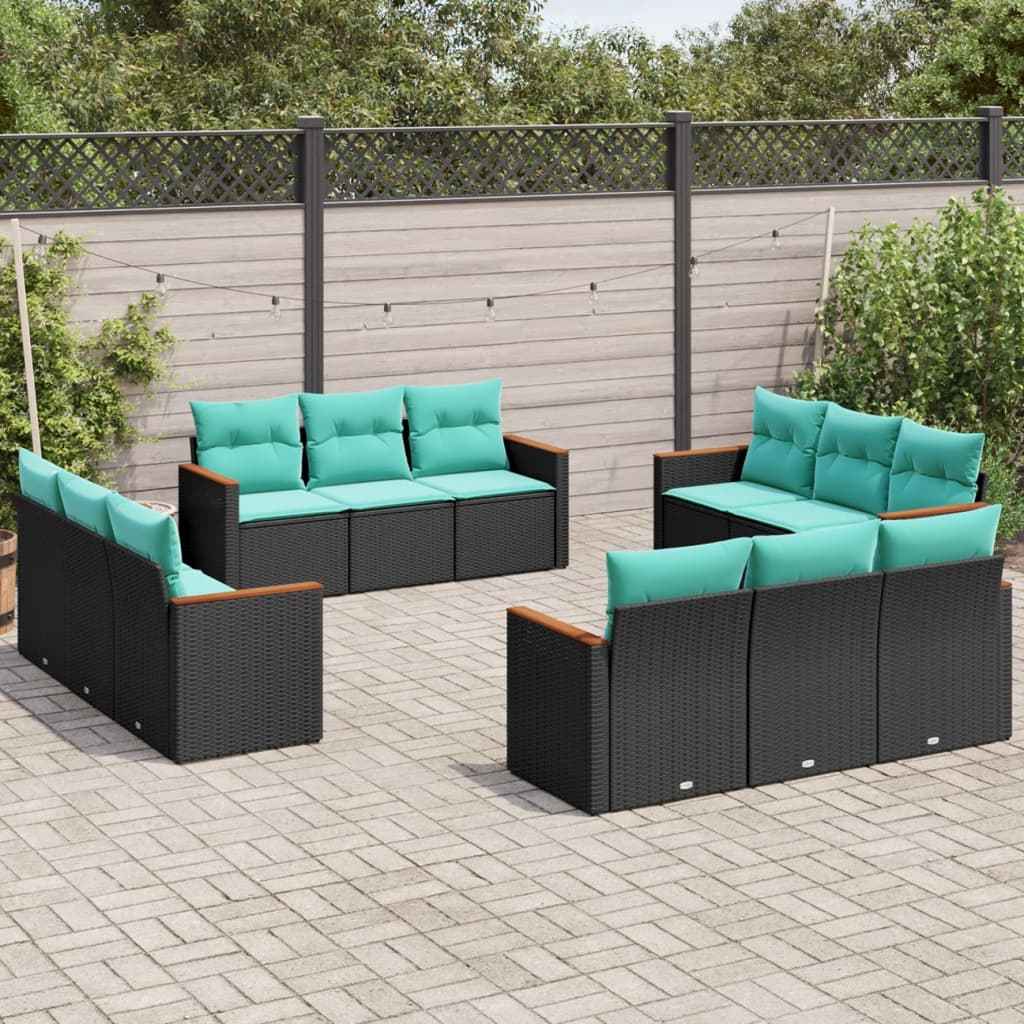 vidaXL 12-delige tuinbankset met kussens van zwart polyrotan