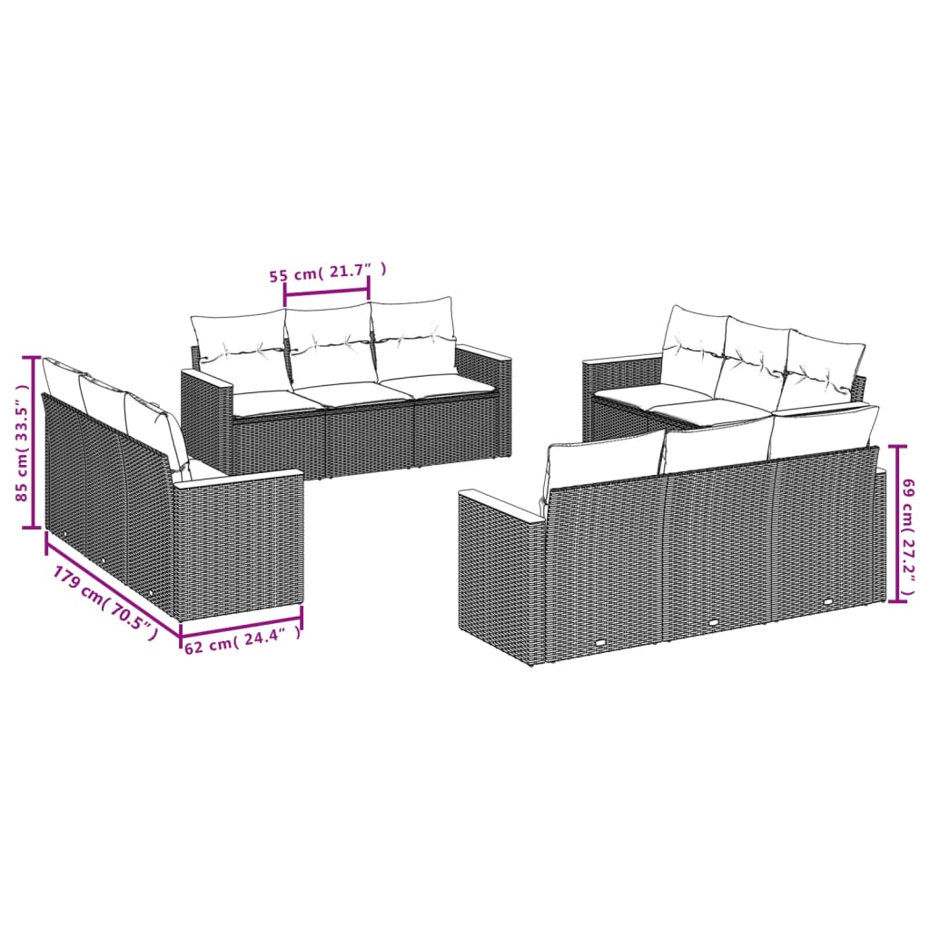 vidaXL 12-delige tuinbankset met kussens van zwart polyrotan