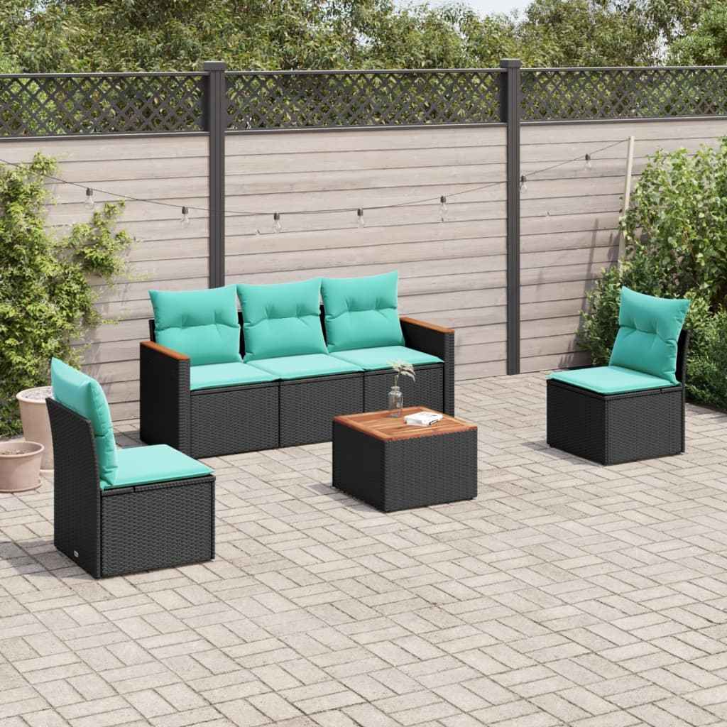 vidaXL 5-delige tuinbankset met kussens van zwart polyrotan