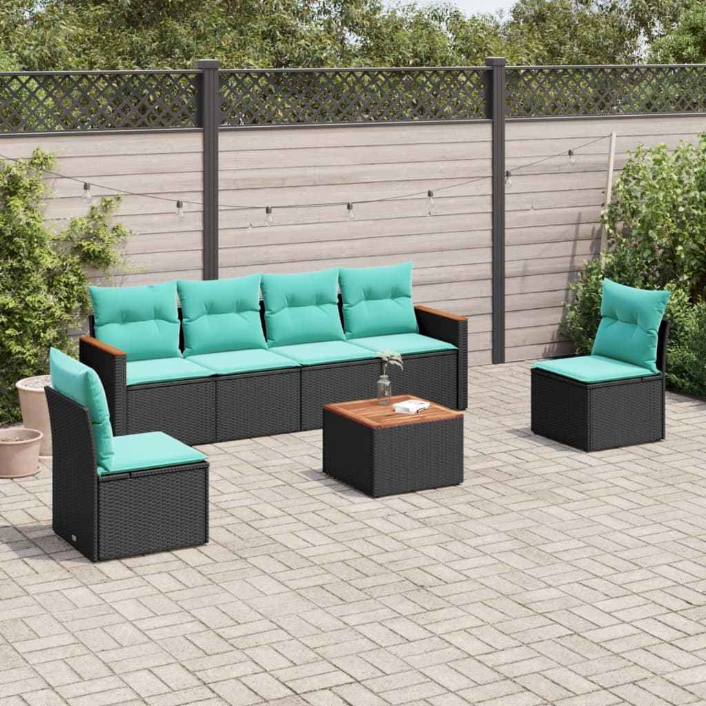 vidaXL 6-delige tuinbankset met kussens van zwart polyrotan