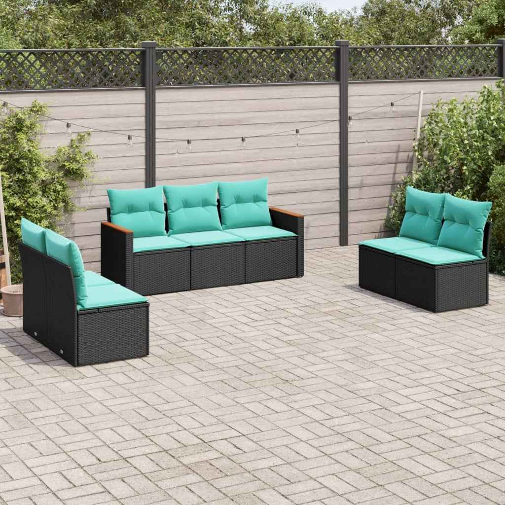 vidaXL 7-delige tuinbankset met kussens van zwart polyrotan