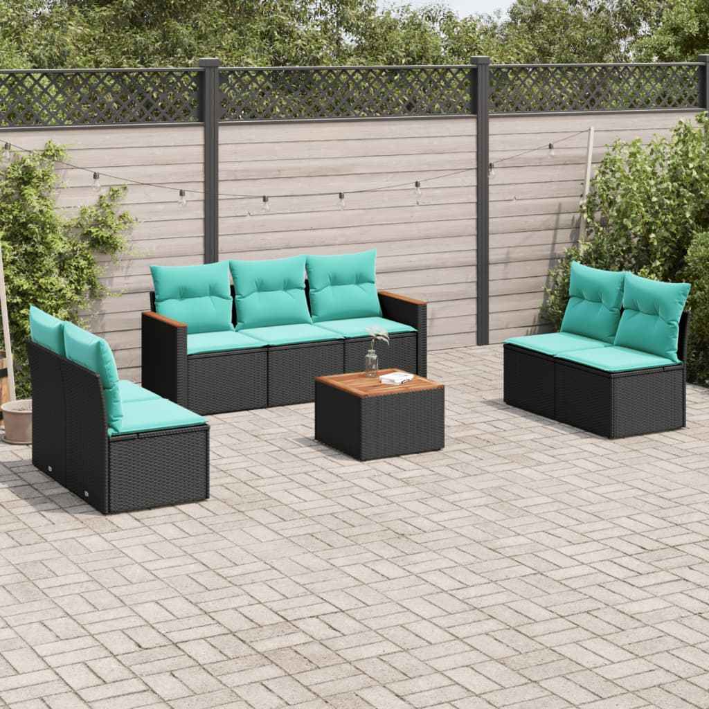 vidaXL 7-delige tuinbankset met kussens van zwart polyrotan