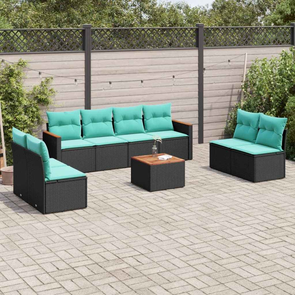 vidaXL 8-delige tuinbankset met kussens, zwart polyrotan