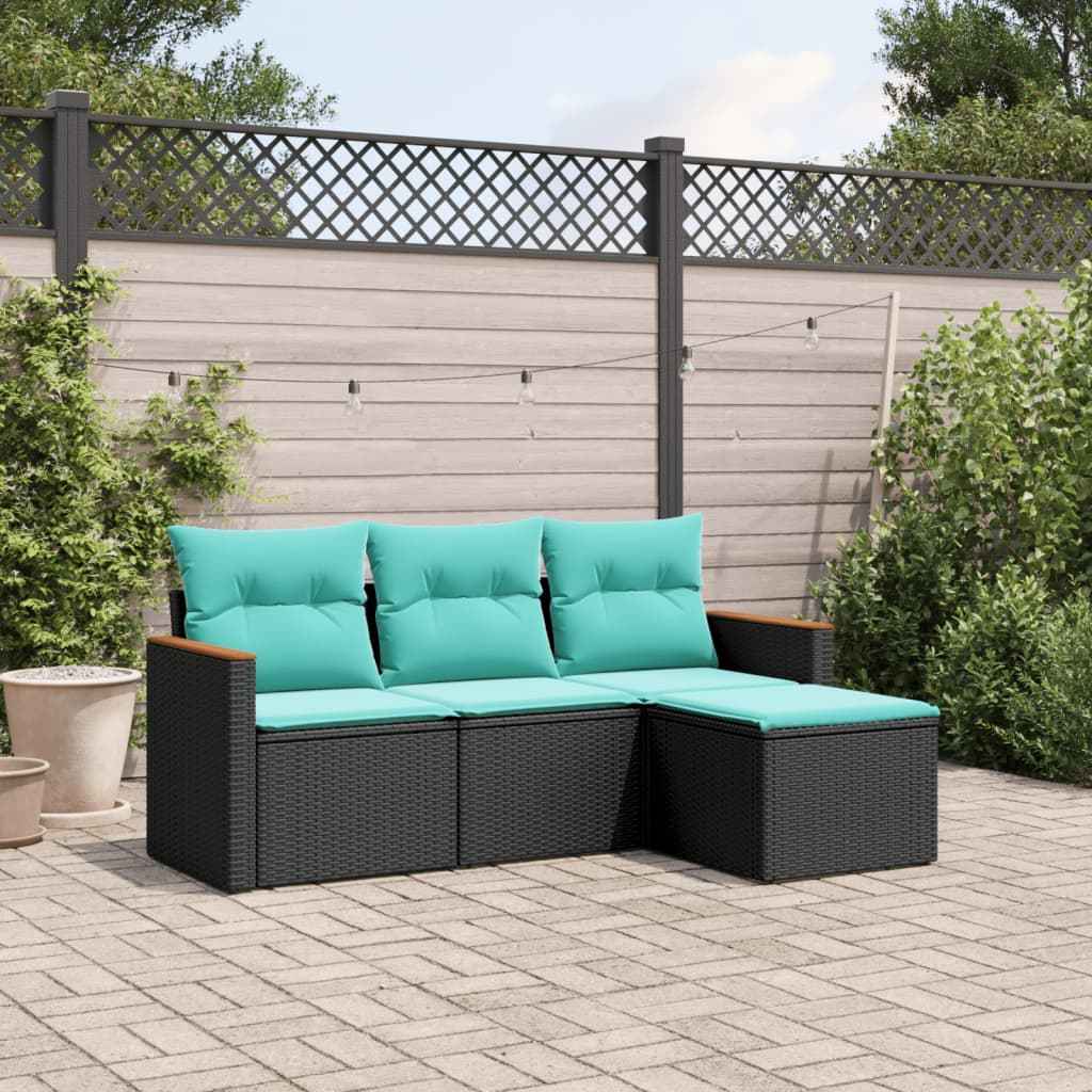 vidaXL 4-delige tuinbankset met kussens, zwart polyrotan