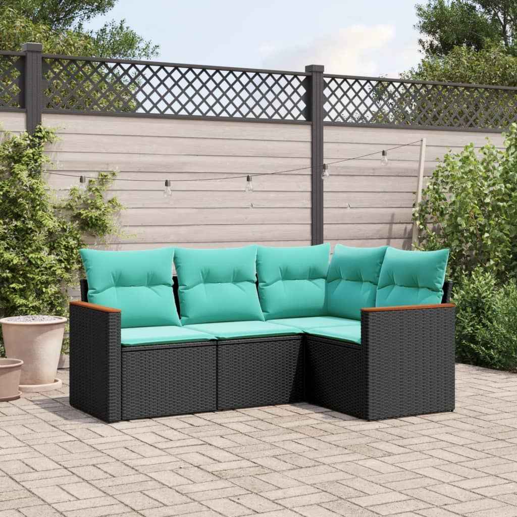 vidaXL 4-delige tuinbankset met kussens, zwart polyrotan