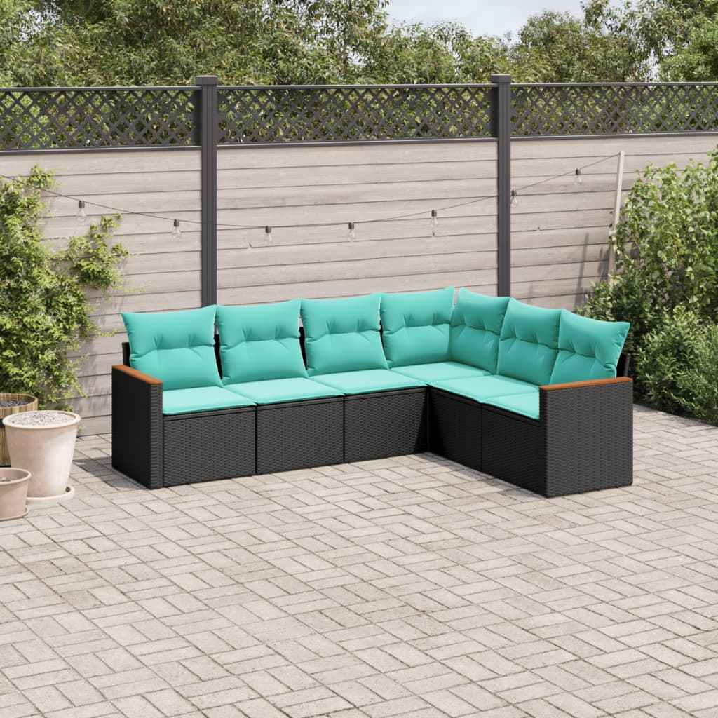 vidaXL 6-delige tuinbankset met kussens van zwart polyrotan