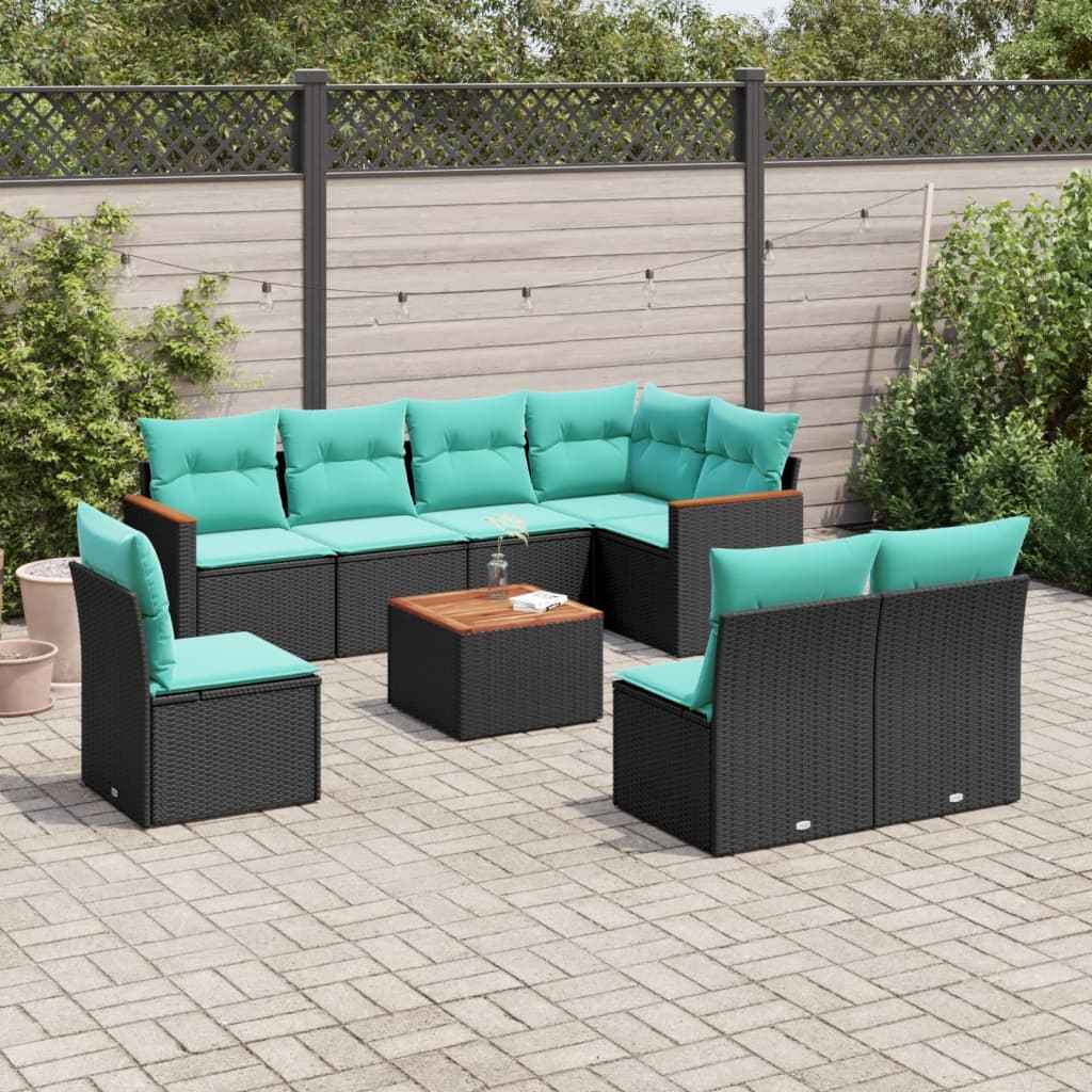 vidaXL 8-delige tuinbankset met kussens, zwart polyrotan