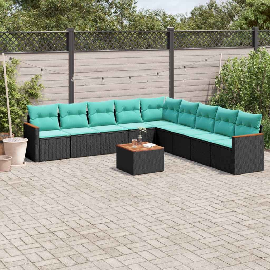 vidaXL 9-delige tuinbankset met kussens van zwart polyrotan