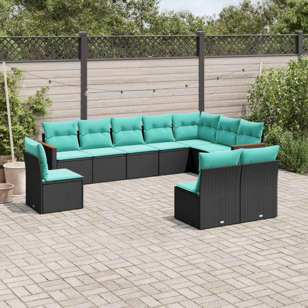 vidaXL 10-delige tuinbankset met kussens van zwart polyrotan
