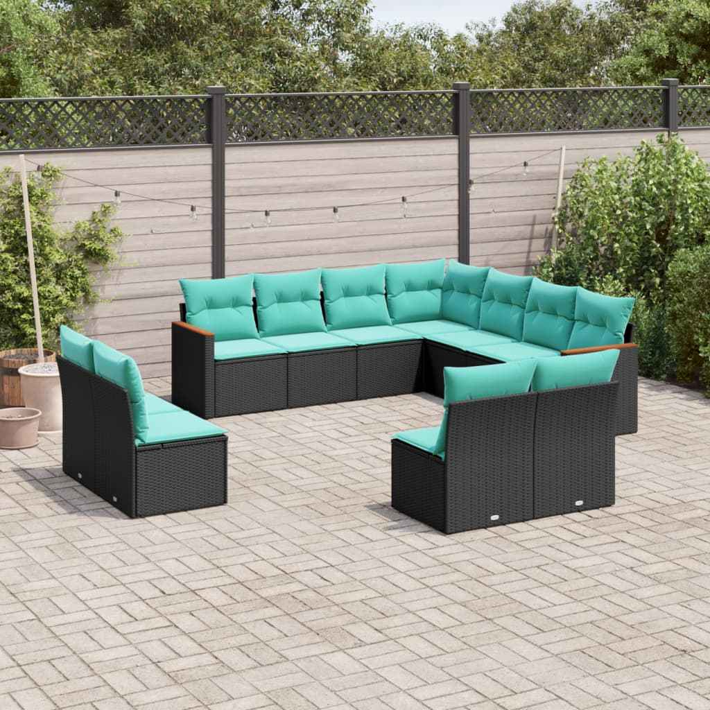 vidaXL 11-delige tuinbankset met kussens, zwart polyrotan
