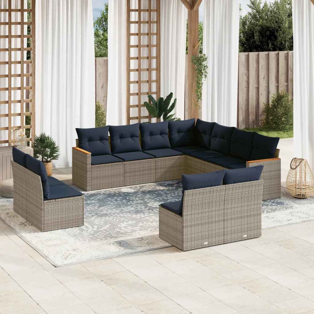 vidaXL 11-delige tuinbankset met kussens, zwart polyrotan
