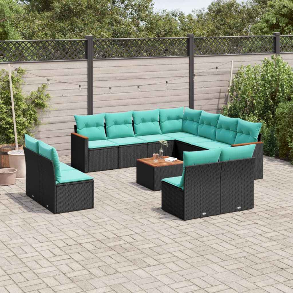 vidaXL 11-delige tuinbankset met kussens, zwart polyrotan