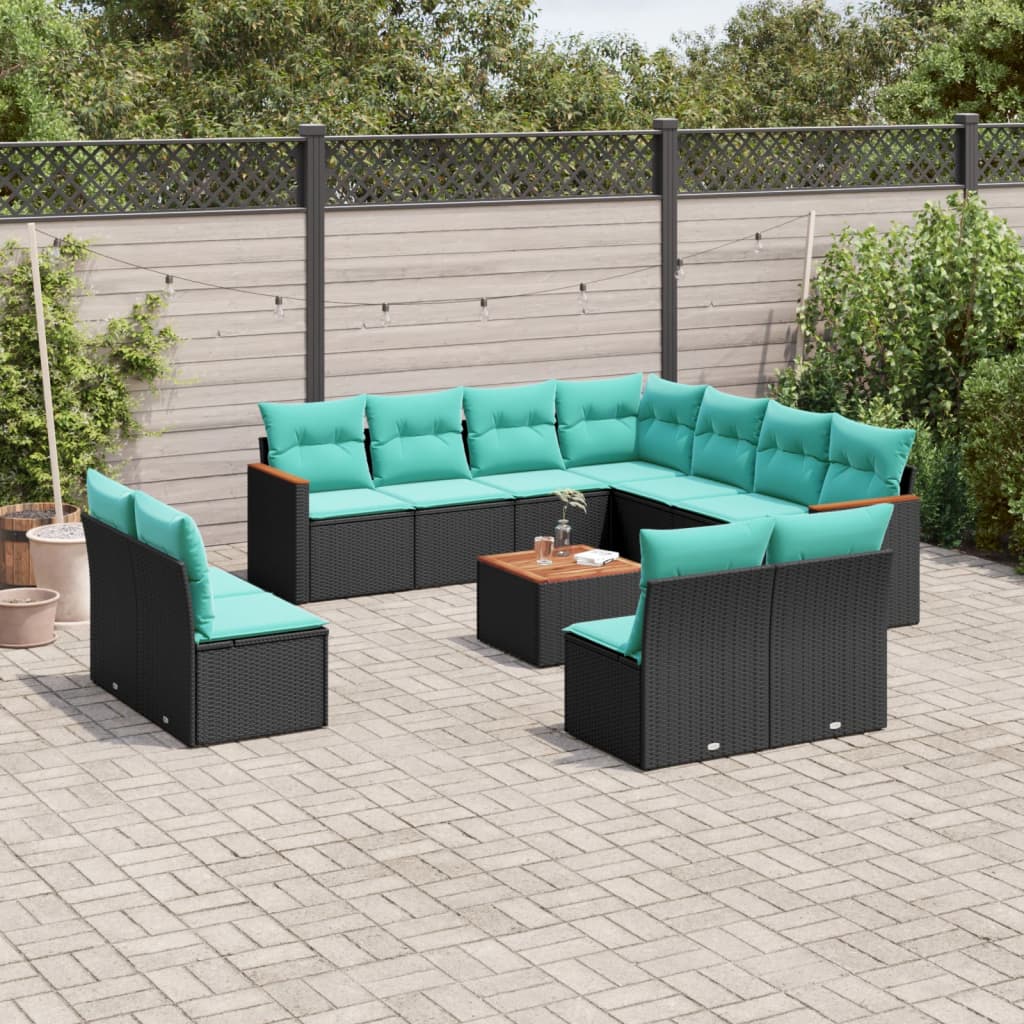 vidaXL 11-delige tuinbankset met kussens, zwart polyrotan