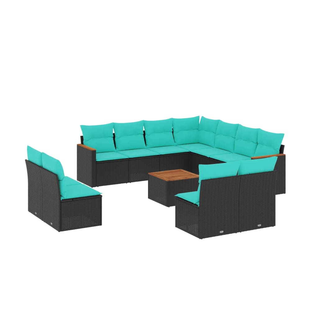 vidaXL 11-delige tuinbankset met kussens, zwart polyrotan