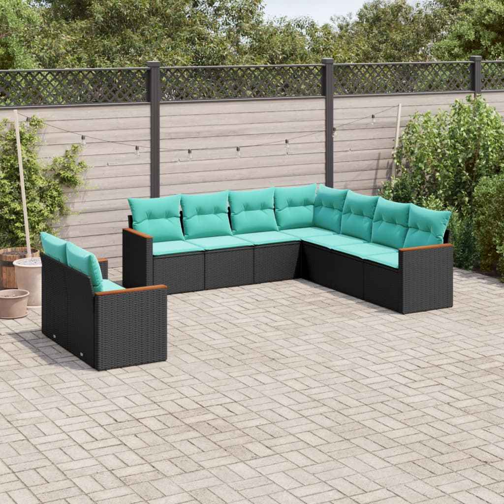 vidaXL 9-delige tuinbankset met kussens van zwart polyrotan